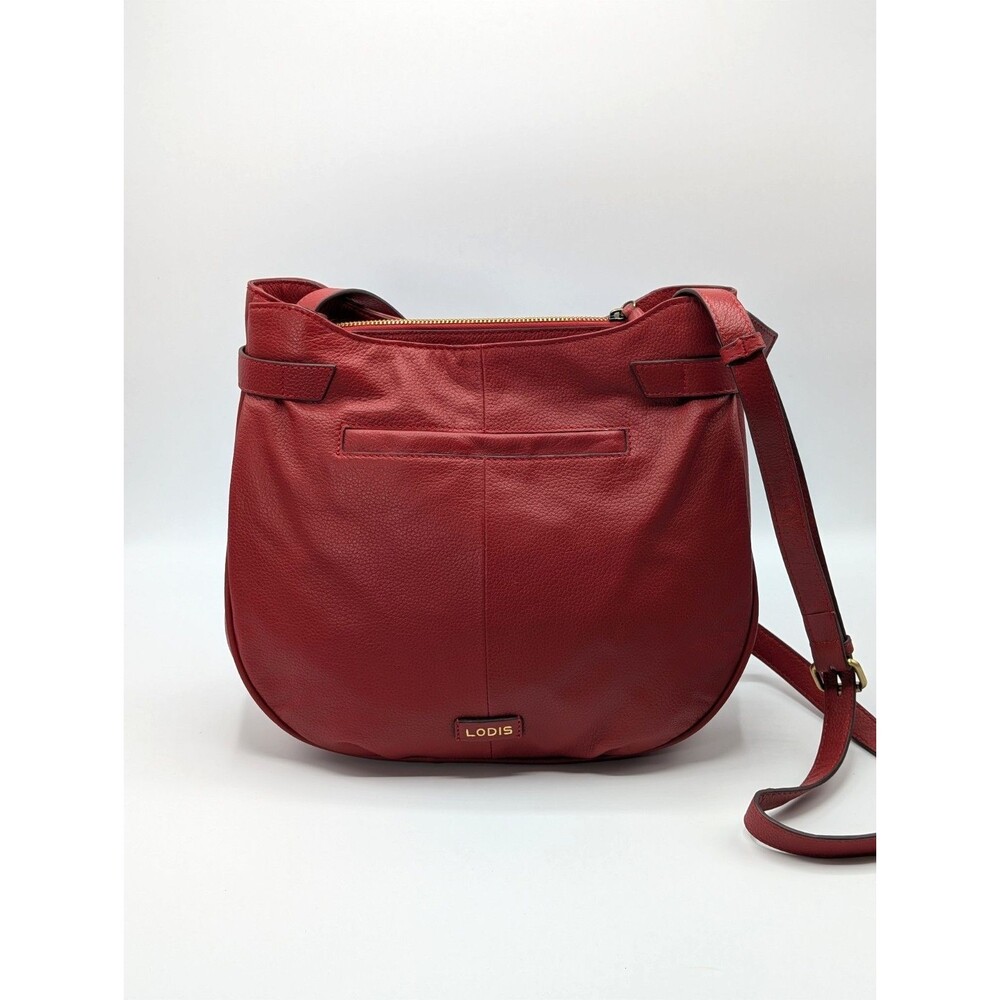 Lodis Solange Bag 10” Red Pebbled Leather Crossbody Adjustable Straps Gold Logo